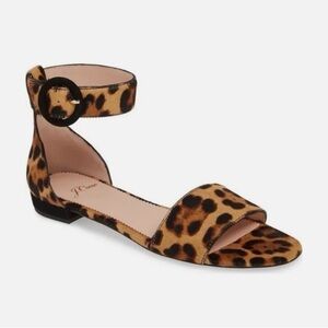 J.Crew Leopard Print Calf Hair Ankle-Strap Flat Sandal, Brown/Black, Women’s 8